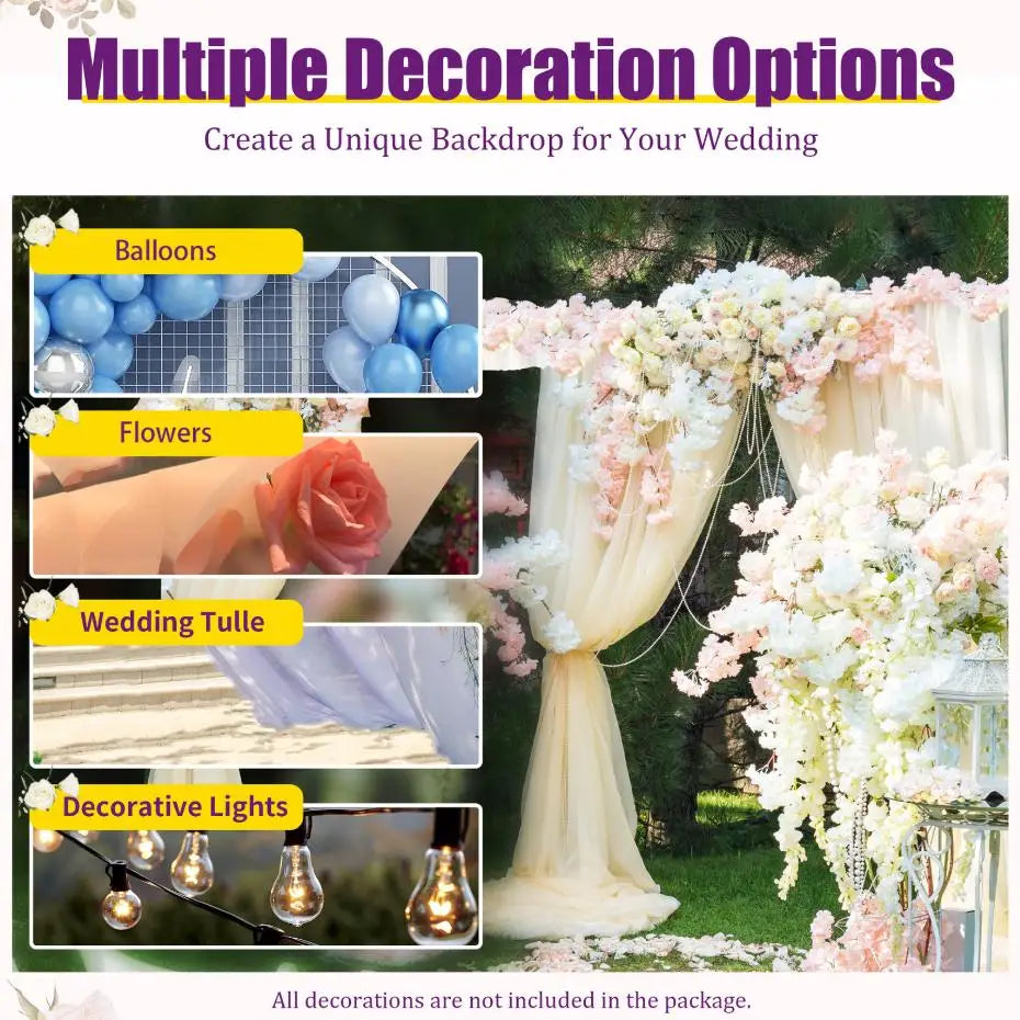 Multiple decoration options for a wedding backdrop including balloons flowers tulle and decorative lights