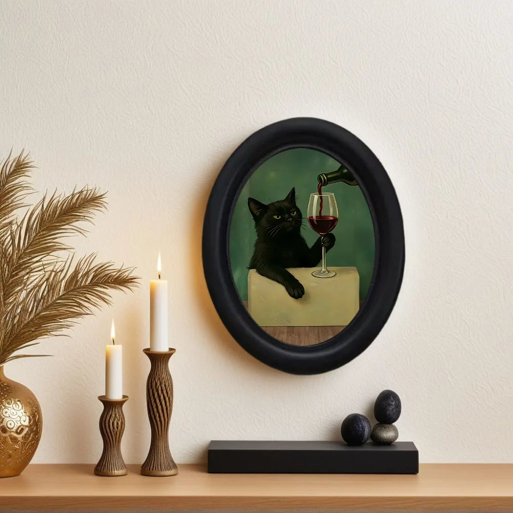 Wall art featuring a black cat drinking wine in a glass, framed in black.