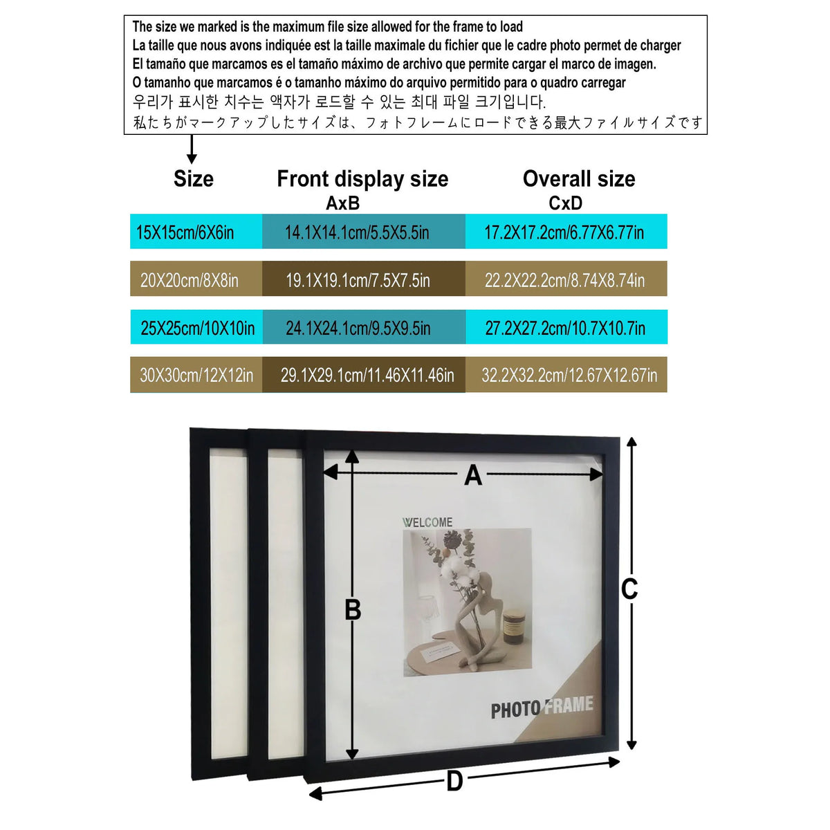 A set of three black photo frames with white mats and wood accents displayed side by side.