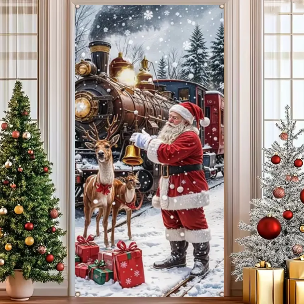 Merry Christmas Party Decoration Door Cover with Santa, Snowman & Reindeer Design