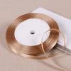 A roll of gold satin ribbon on a white spool resting on a light beige surface.