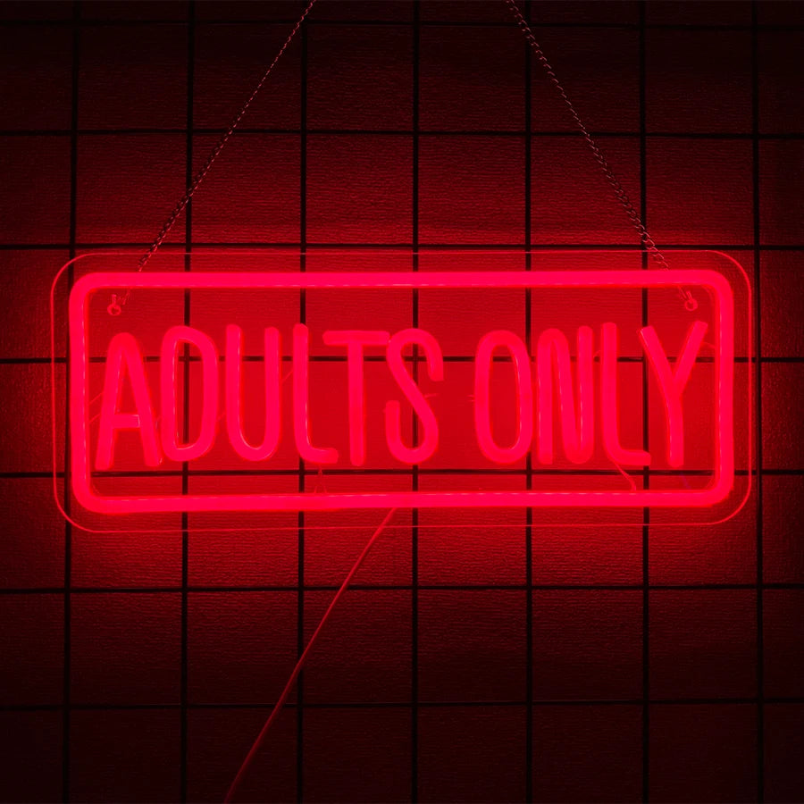 A bright red neon sign with the text ADULTS ONLY is suspended against a dark grid background.