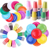 A collection of colorful, solid-colored disposable plates and cups for parties and events.