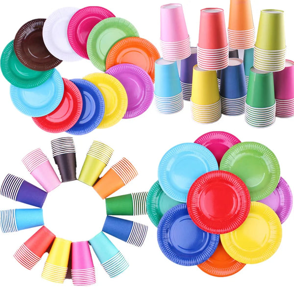 A collection of colorful, solid-colored disposable plates and cups for parties and events.
