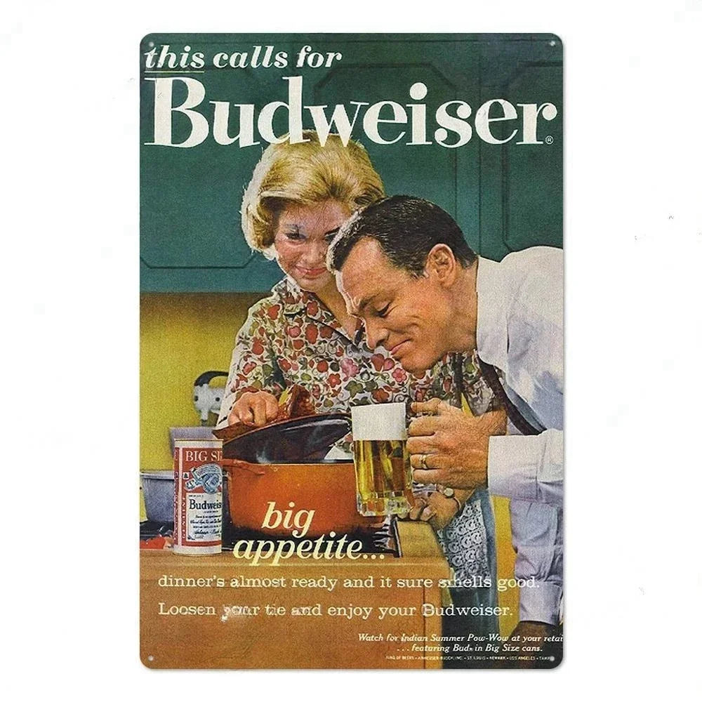 A vintage beer metal sign featuring a couple enjoying a drink in a pub setting.