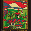 A vintage-style poster featuring a landscape with rolling hills, trees, and houses under a colorful sky.