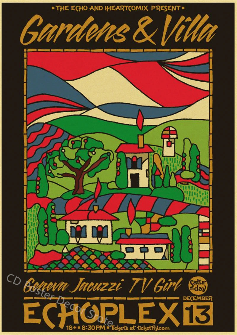 A vintage-style poster featuring a landscape with rolling hills, trees, and houses under a colorful sky.