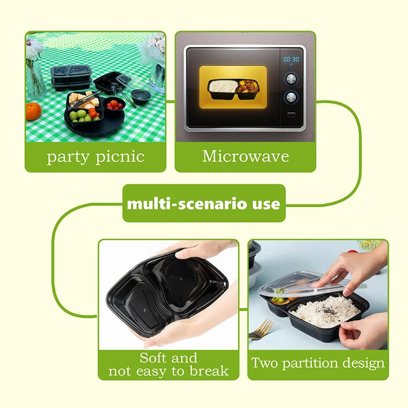 Two-compartment meal prep lunch boxes with lids shown in a multi-scenario use context.