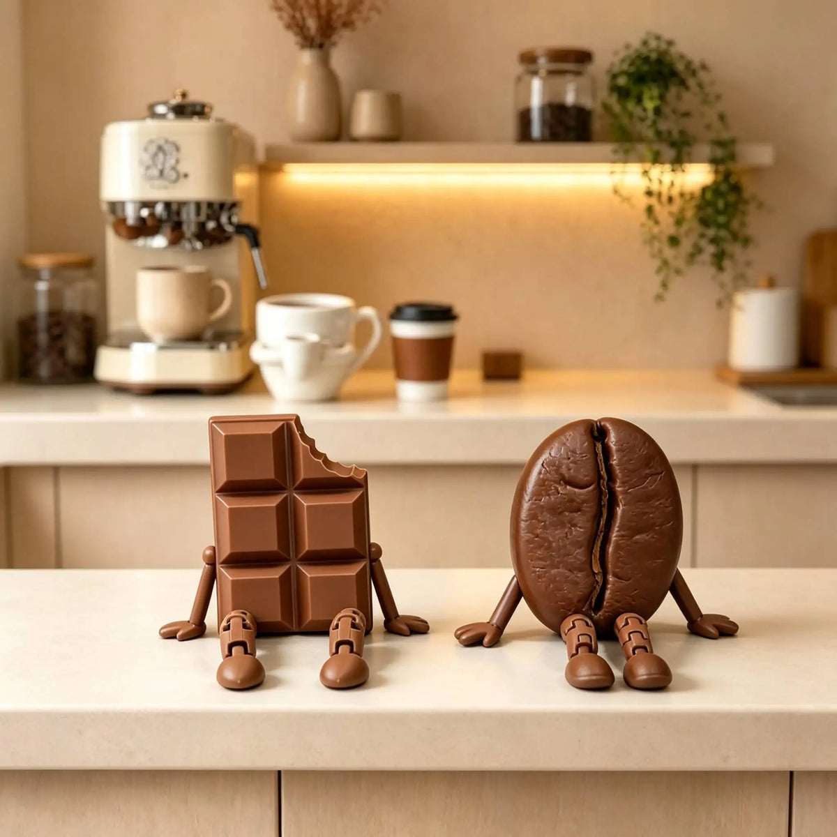 A 3D printed coffee bean cup figurine with articulated joints sits on a light surface.
