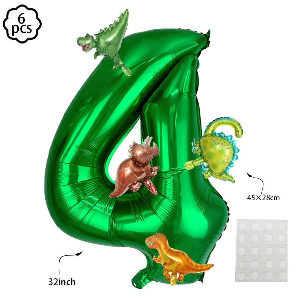 A large green foil balloon shaped like the number 4, decorated with dinosaur figures.