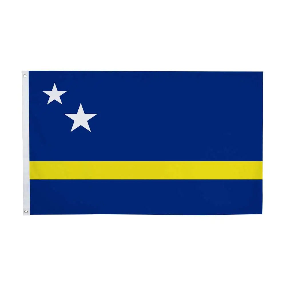 A dark blue flag with three white stars and a yellow stripe across the middle.