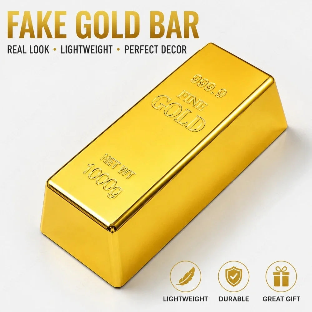 Barra de oro brillante rectangular de plástico, etiquetada como Oro Fino 999.9, sobre fondo blanco.