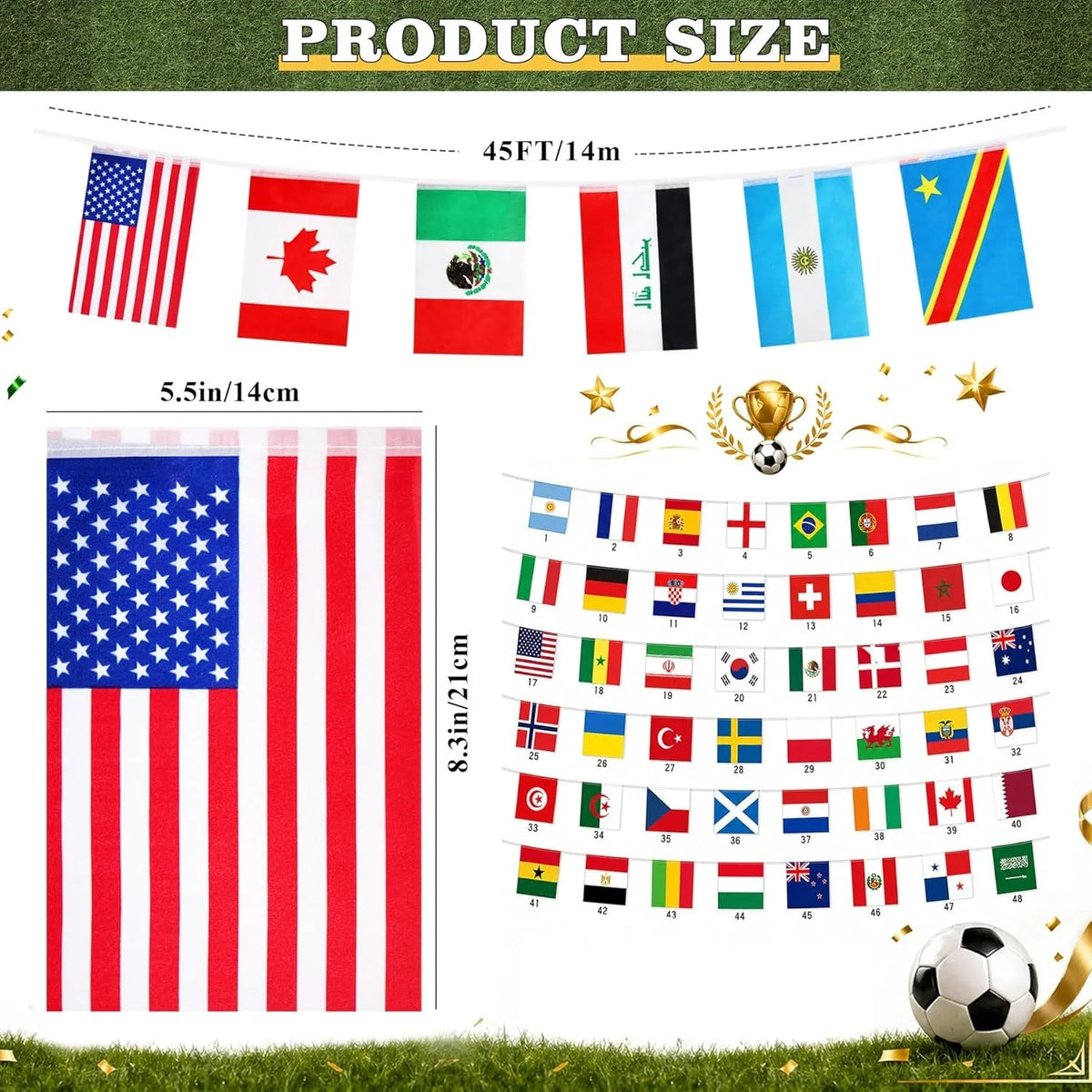 A display of various international flags and a large American flag banner, used for bunting or decoration.