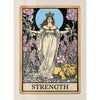 A tarot card illustration depicting a crowned female figure holding staffs and a lion, symbolizing strength.