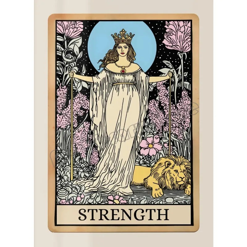 A tarot card illustration depicting a crowned female figure holding staffs and a lion, symbolizing strength.