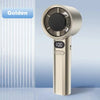 A gold-colored adjustable mini handheld cooling fan with a round grille and a digital display showing 100.