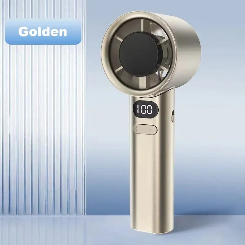A gold-colored adjustable mini handheld cooling fan with a round grille and a digital display showing 100.