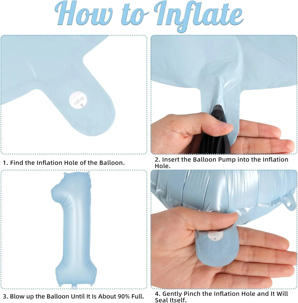 Instructions showing how to inflate a balloon using a pump and pinching the valve.