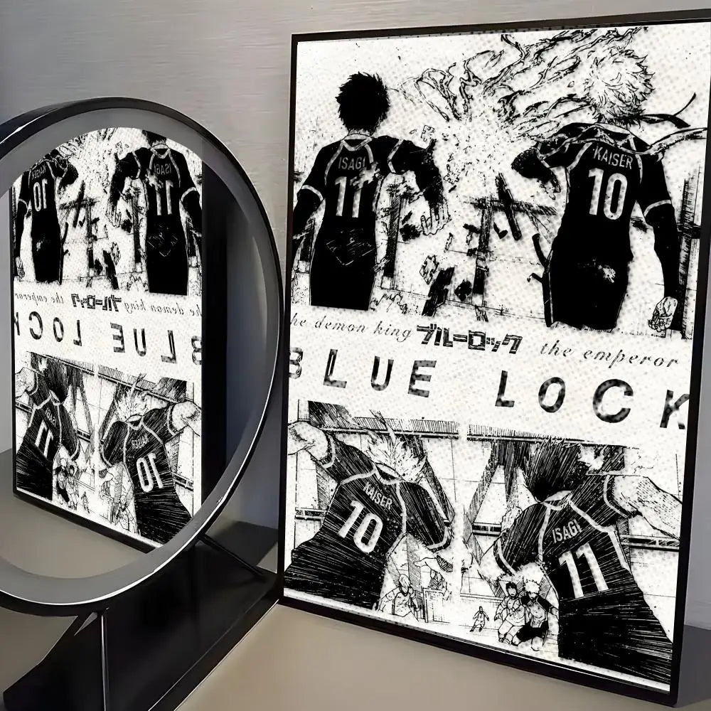 A canvas print featuring black and white artwork of Blue Lock characters like Isagi and Kaiser.