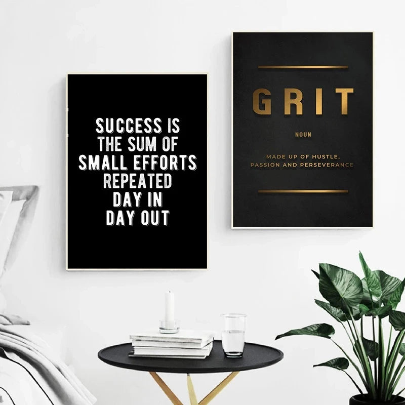 A black canvas print featuring the quote Grit is a noun made up of hustle passion and perseverance