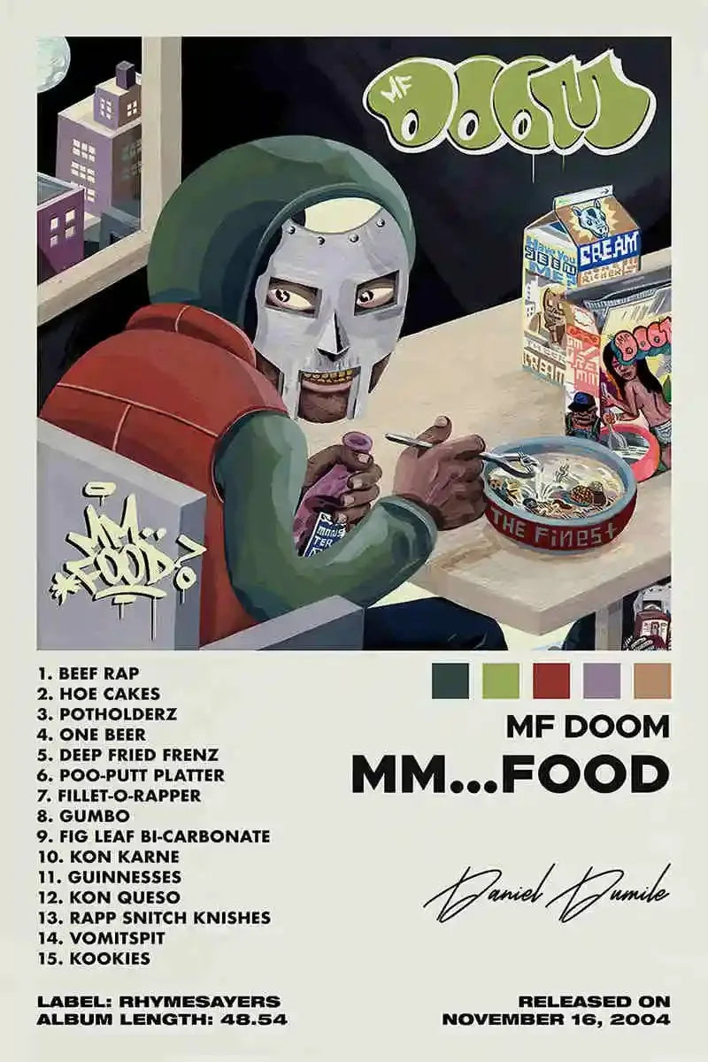 Album cover art for MF DOOM's MM...FOOD featuring a character in a green hood and various food items.