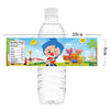 A clear plastic bottle of water with a colorful circus theme label featuring cartoon animals and party elements.