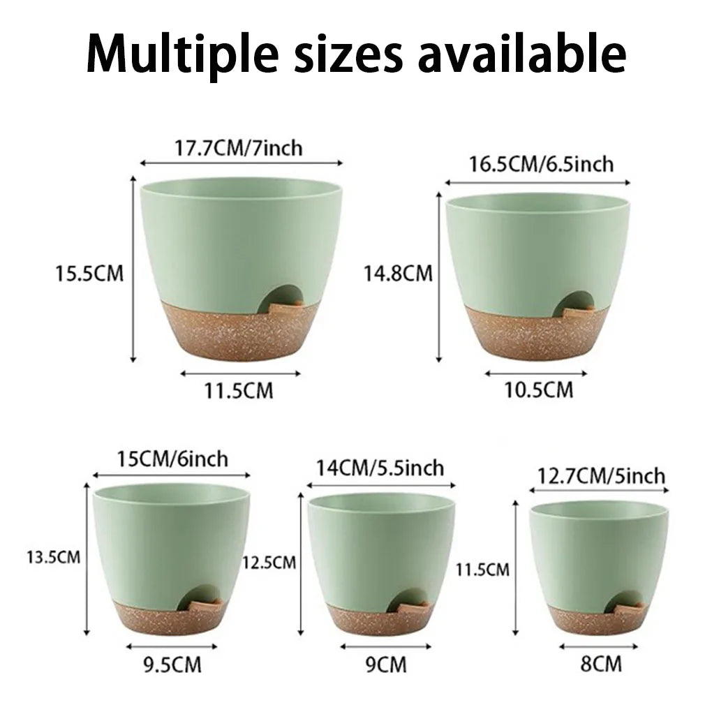 A set of five multi-sized, self-watering flower pots in a light green color with brown accents.