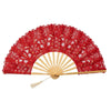 A vibrant red vintage lace hand fan with a woven straw pendant and tassel.