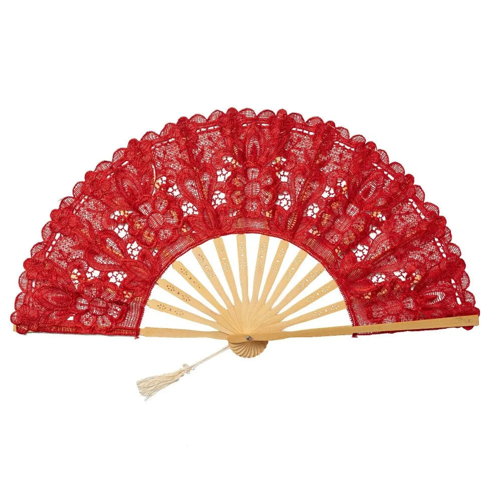 A vibrant red vintage lace hand fan with a woven straw pendant and tassel.