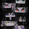 A vertical collage of various intense eyes from Demon Slayer characters, including Tanjiro, Zenitsu, Inosuke, and others.