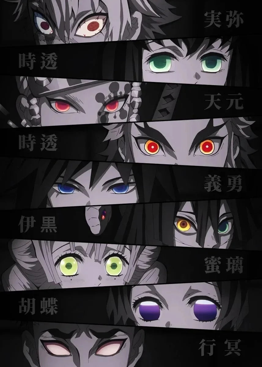 A vertical collage of various intense eyes from Demon Slayer characters, including Tanjiro, Zenitsu, Inosuke, and others.