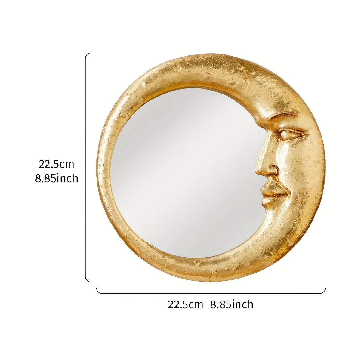 A round, gold resin decorative hanging mirror featuring a stylized face profile.