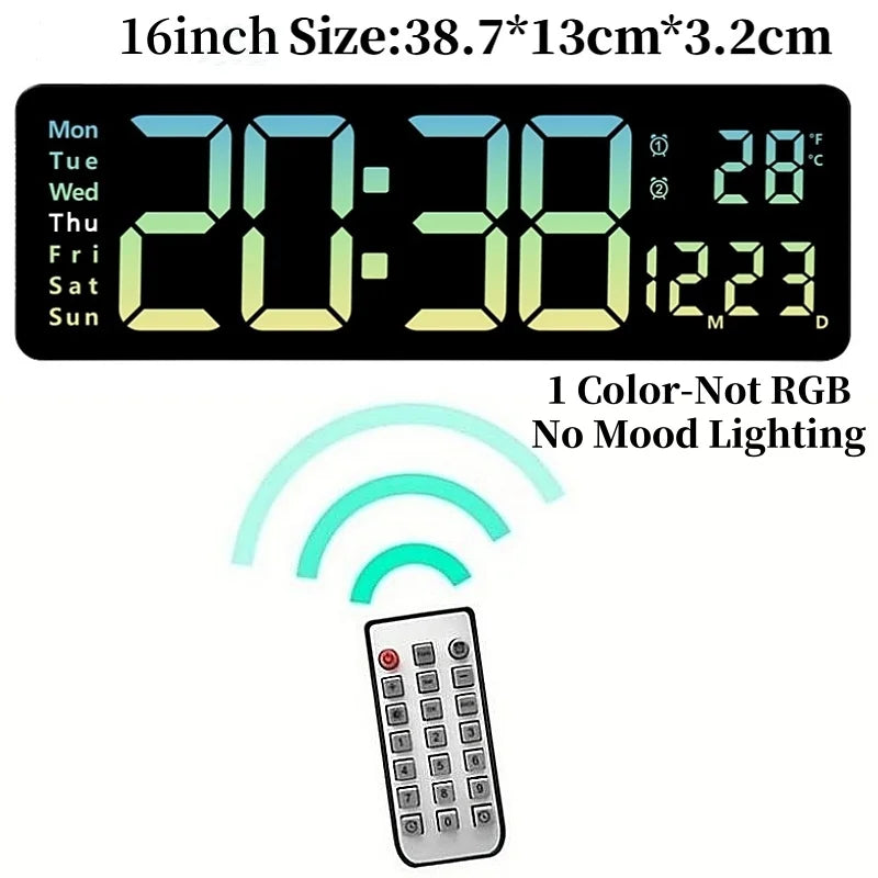 A digital wall clock displaying 20:38, 28 degrees, and a remote control for the clock.