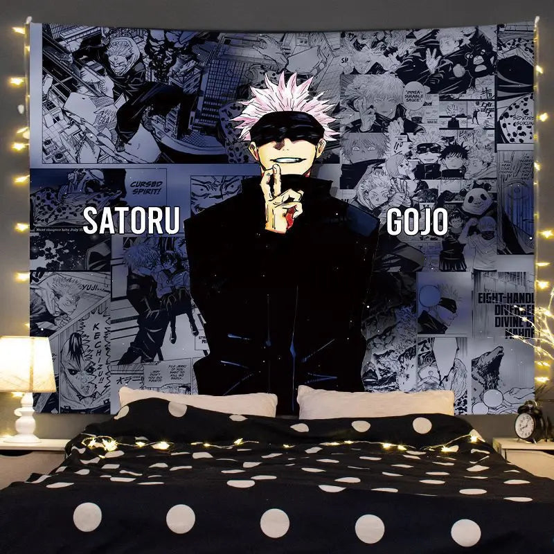 A tapestry wall hanging featuring the character Gojo Satoru from Jujutsu Kaisen anime, displayed above a bed.