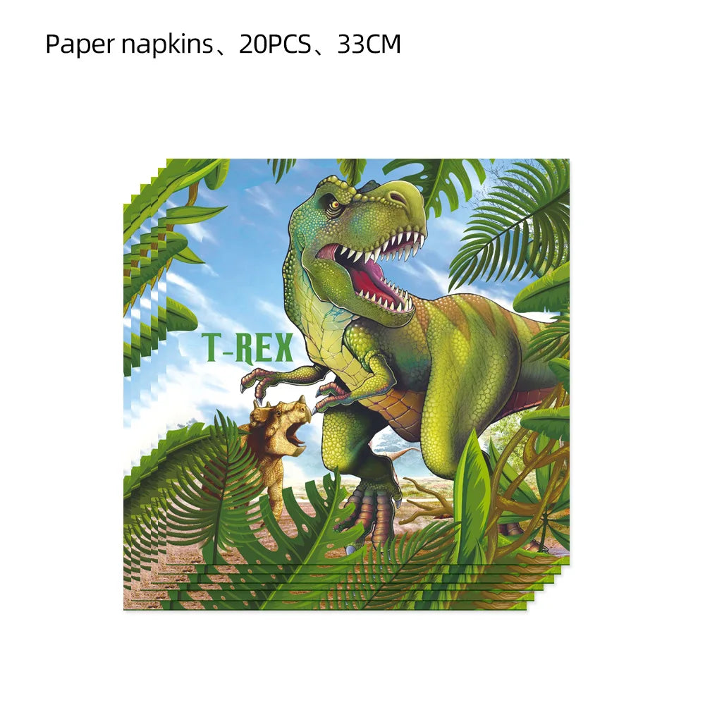 A vibrant illustration of a green T-Rex dinosaur standing amidst lush tropical foliage.