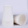 A stack of white disposable tableware cups and a single cup are shown against a white background.