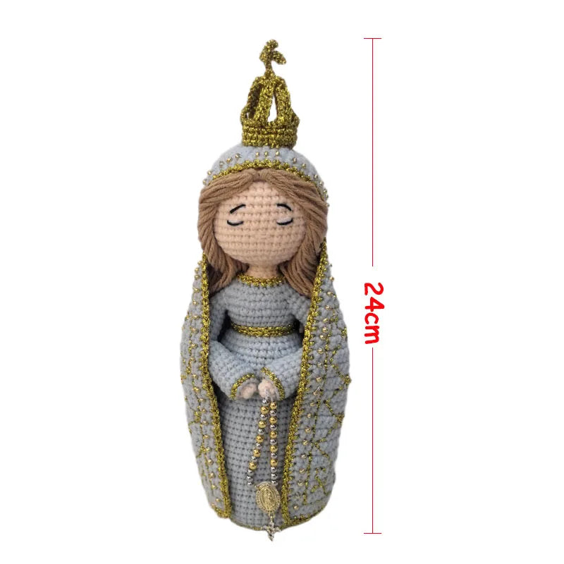 Handcrafted Virgin Mary crochet doll with brown hair and a gold crown