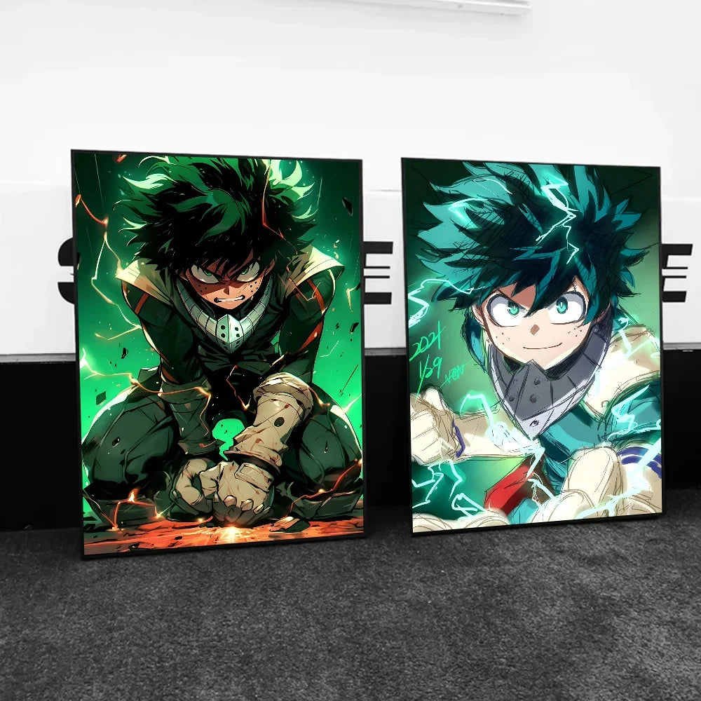 A set of two posters featuring Izuku Midoriya Deku from My Hero Academia in various dynamic poses and colors.