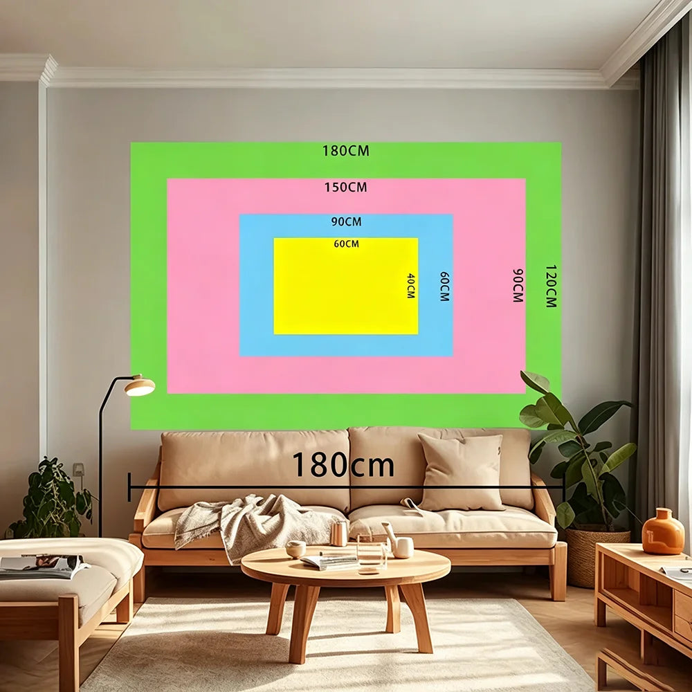 A modern living room setup featuring a large framed print with vibrant colors and a beige sofa.