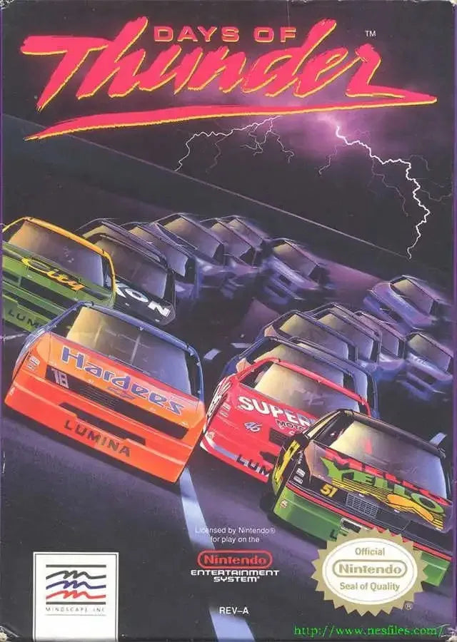 A box for Days of Thunder movie merchandise featuring a stylized lightning graphic and car silhouettes.