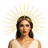 A woman wearing a gold celestial halo headband with star accents, illuminated by golden sun rays.