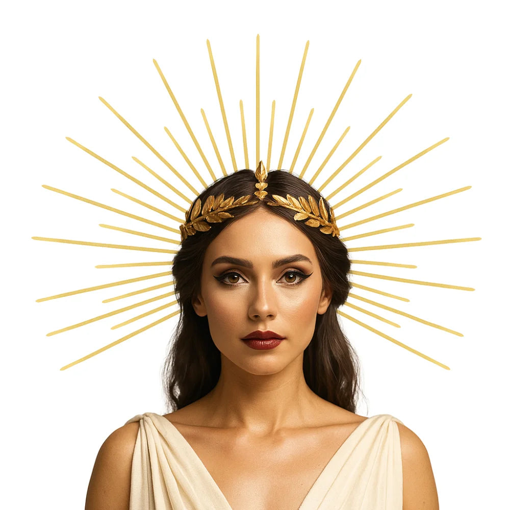 A woman wearing a gold celestial halo headband with star accents, illuminated by golden sun rays.