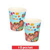 A set of colorful party cups featuring characters and balloons for a birthday celebration.
