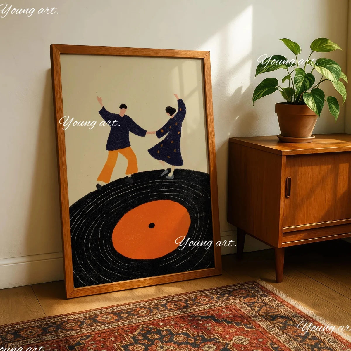 A framed canvas art print depicting two figures holding hands against a black vinyl record background.