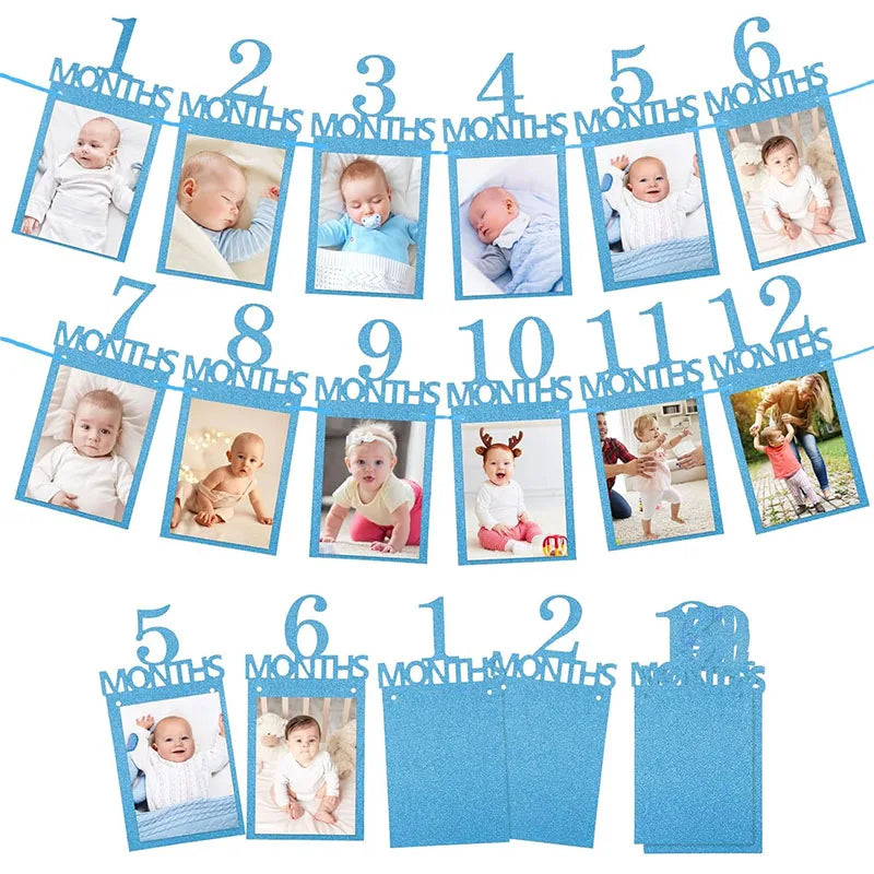 A banner displaying monthly growth records for a baby, featuring photos and text from one month to twelve months.