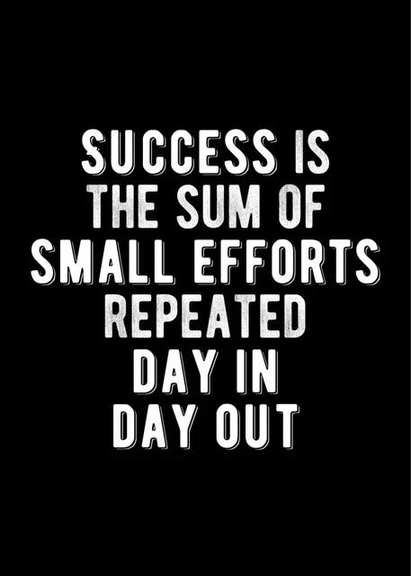 White text on a black background reads Success is the sum of small efforts repeated day in day out
