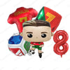 A set of football-themed birthday balloons featuring a soccer player figure and red, green, and gold balloons.