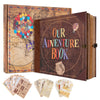 A vintage DIY scrapbook photo album featuring an open book with aged paper and decorative elements.