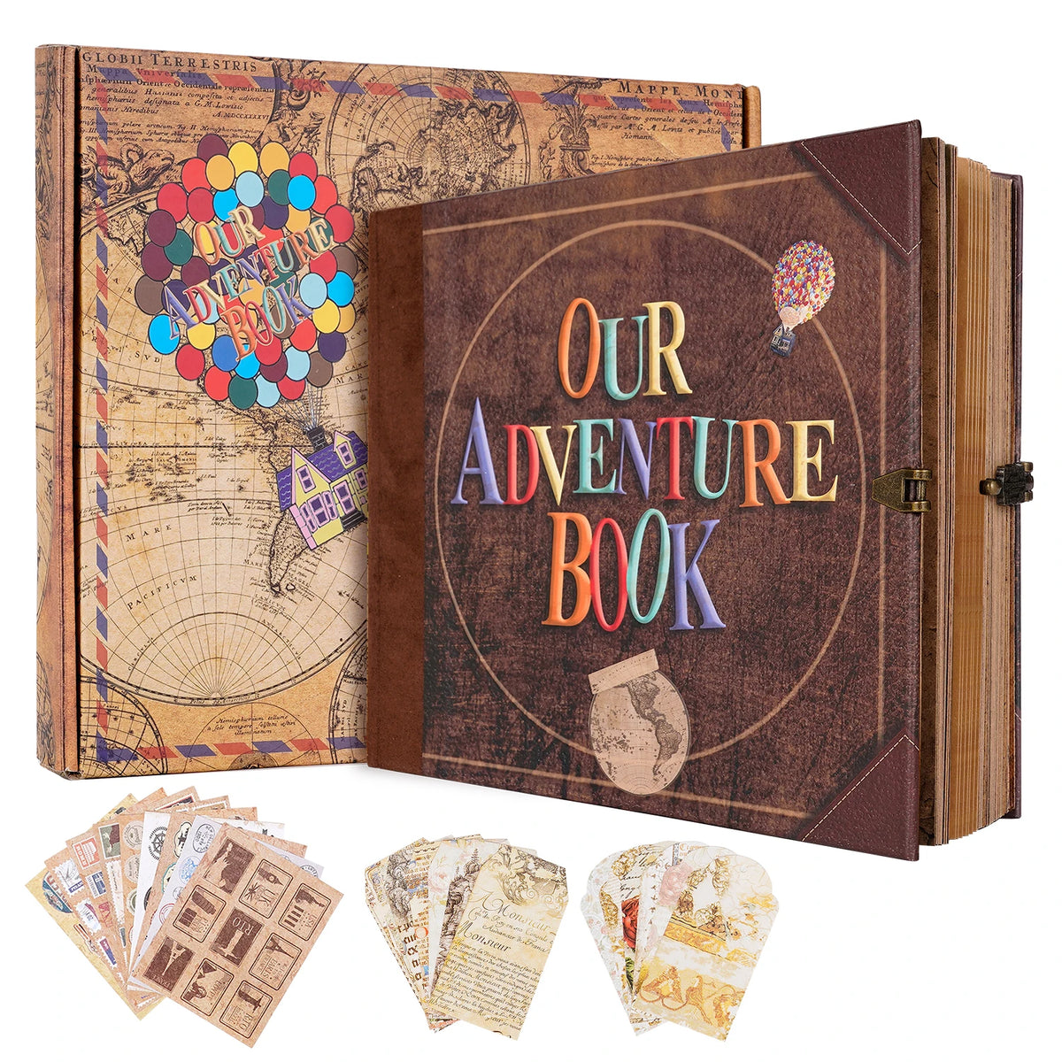 A vintage DIY scrapbook photo album featuring an open book with aged paper and decorative elements.