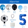 A set of 32 football and number balloons including silver, black, and blue balloons.